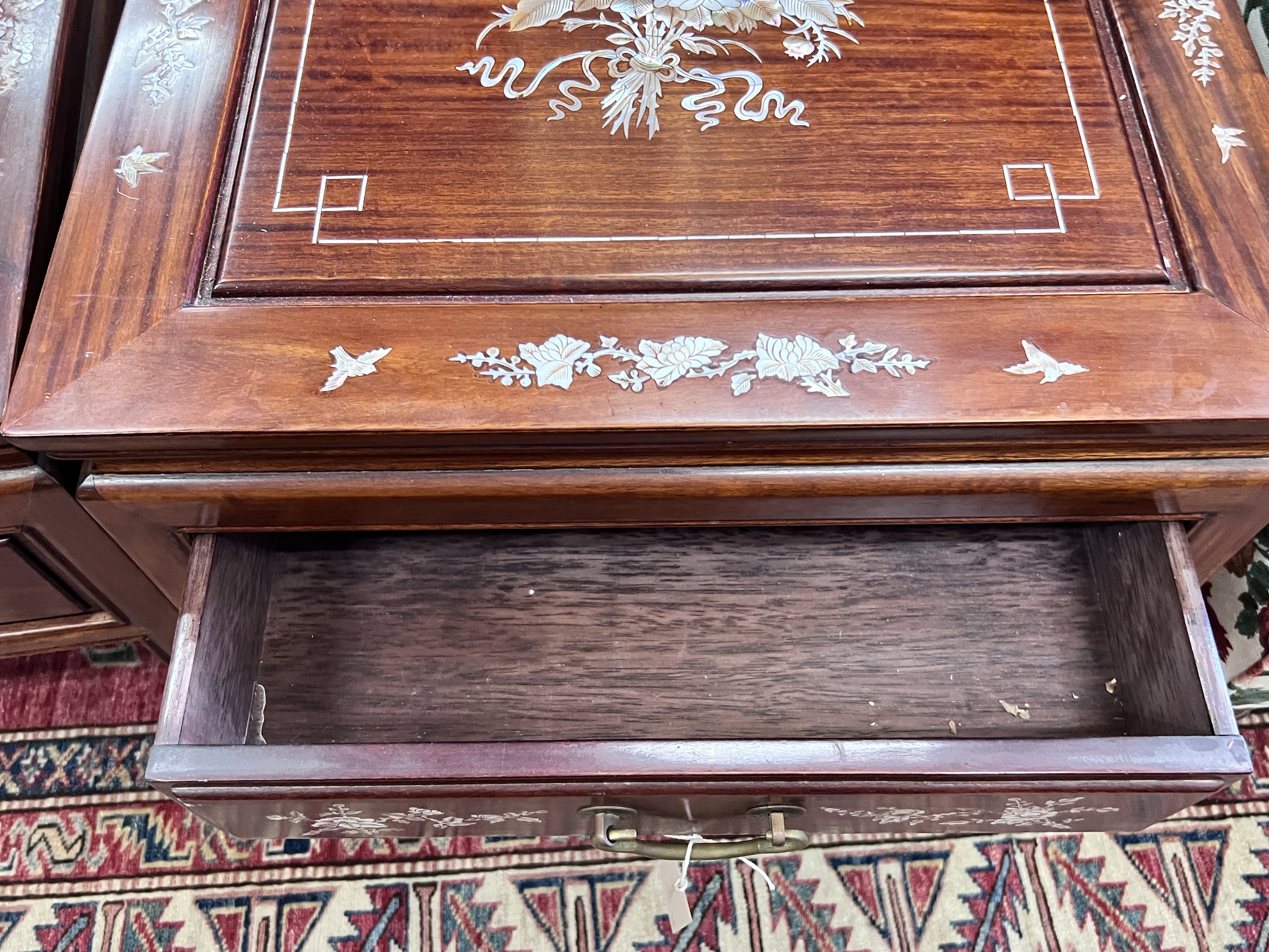 A pair of Chinese mother of pearl inlaid square hardwood occasional tables, width 50cm, height 56cm